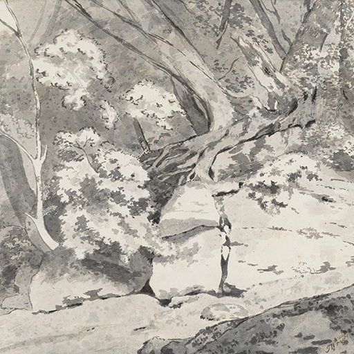A drawing of a woodland landscape, the central focus of which is a group of trees growing upon a bank of rock. To the right hand side of the foreground is a dark rock. Inscribed verso, top left, in ink: 'July 30th 1782 - / from a sketch of Mr. Wright's' and below, in pencil '837-7-21'. The edges of the sheet are rough, and sheet shows creases throughout. Lower right corner is missing. Made by an unknown artist, after Joseph Wright (1734 - 1797). Ink and grey ink wash over pencil on paper. Displayed in a cream window mount.
