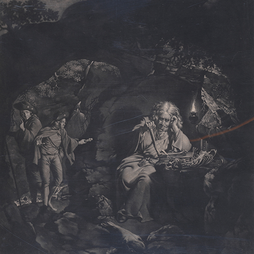 Engraving after Joseph Wright of Derby (1734 - 1797); 'The Hermit'. Painting of a man in a nocturnal landscape, studying a human skeleton by the light of an oil lamp. He sits within a cave, wearing a brown robe tied at the waist, surrounded by emblems of mortality, including animal bones and an hour glass. To his right, two young men, wearing cockle shells in their hats, move towards him with cautious steps. Inscribed: bottom right 'Jos. Wright Pinx' bottom left 'W. Pether Fecit' middle centre 'Published May 14th 1770 & Sold by W. Pether in G. Russel St, Bloomsbury' scratched in pencil. Made by William Pether (1738-1821). Mezzontint and etching. Paper.