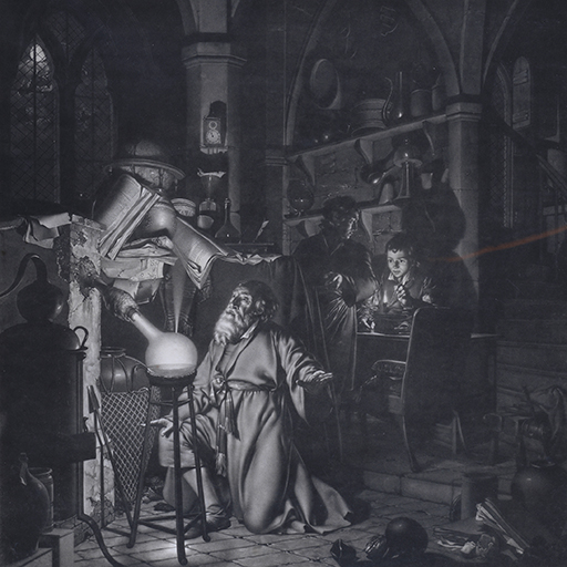 Mezzotint-engraving after Joseph Wright (1734-1797). `The Alchymist' Drawing upon such traditions, Wright’s alchemist kneels in awe before a flask from which a jet of phosphorus gas is released ‘and prays for the successful conclusion of his operation.’ Behind him two assistants, until recently engaged in extraction of lead from lead ore, stare on or point in amazement. Phosphorus was first discovered in 1676 and it is perhaps this event that Wright depicts here, the alchemist and his assistants’ ambiguous costume and gothic setting conveying some sense of a historical past. Inscribed, Bottom left hand corner 'JW Pinxit' centre 'An Alchymist/Published September 1775 and sold by W.Pether in Broad Street St James'' bottom right hand corner`Wm Pether Fecit'. Engraving after Wright; 'The Alchymist', Made by William Pether (1738-1821).Mezzontint-engraving and etching. Paper.