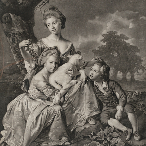 Engraving after Joseph Wright of Derby (1734 - 1797), 'The Bradshaw Children'; Portrait of the Bradshaw children, Francis, Annie and Frances (of Joseph Bradshaw of Holbrook, previously Baggaley) with a lamb. Inscribed scratched in pencil: bottom left 'Jos. Wright' bottom right Val Green Fecit' middle centre ' Ryland & Bryer'. Made by Valentine Green (1739-1813). Mezzotint engraving and etching.