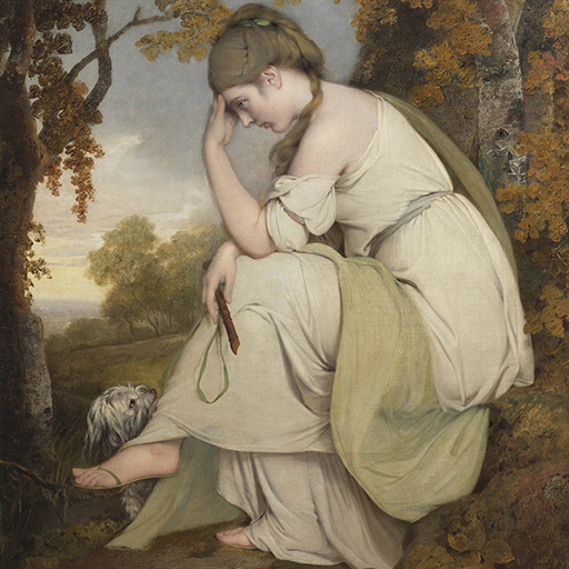 Painting of a woman, full length, facing left. She is seated in a landscape, with her head in resting in her left hand. In her right hand she holds a wooden recorder and green ribbon, which is attached to a small grey and white dog sitting at her feet. She is dressed in a classical-looking white gown, held at the waist by a light blue tie, and a long green shawl is draped over her right shoulder and over her left leg. She wears sandals. The landscape in which she is seated is green, with hints of autumn colour. Two trees, at either side of the canvas, frame the scene. The edge of a stream is visible in the lower left corner and beyond a green hill fringed by trees slopes away to the left to reveal a distant view of hills. An inscription on a rock to the lower right reads: 'I.W. Pinxt. / 1781'. Painted by Joseph Wright of Derby (1734 - 1797). Oil on canvas in gilded frame.

Painted by Joseph Wright of Derby (1734 - 1797). Oil on canvas in gilded frame. Glazed.