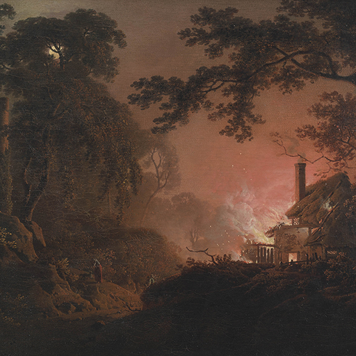 Painting of a cottage on fire, by night. The cottage is situated within wooded surroundings and occupies the lower right hand corner of the canvas. The fire illuminates some ruins on an opposite bank, to the left of the cottage. Between them, the figures of a man, woman and dog - presumably the cottage's occupants - scramble away to safety. The dog turns its head to the left; its attention caught by something unseen within the ruins. Above, a full moon is visible through the trees. Signed and dated in the lower left hand corner of the canvas:  'I W Pinxt. 1793'. Painted by Joseph Wright of Derby (1734 - 1797). Oil on canvas in gilded frame.