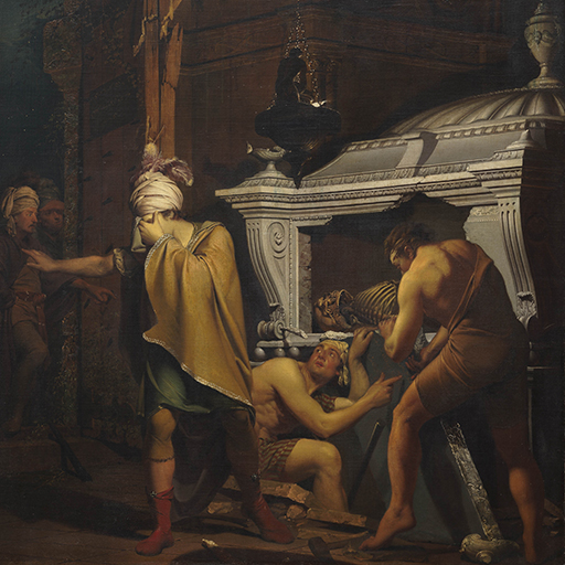 Painting of three male figures, breaking into a lamp lit tomb, by night. The figure to the left, a nobleman called Miravan, is richly dressed, and turns away in horror as one of his companions points to a Persian inscription on the tomb slab. Through a doorway on the far left hand side of the canvas, two further male figures peer in. Inscribed in the lower right hand corner along the edge of a stone slab 'I. WRIGHT Pxt. / 1772'. Painted by Joseph Wright of Derby (1734 - 1797). Oil on canvas in gilded frame.
