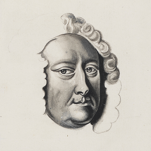 An unfinished drawing which is a 'Portrait of Archbishop Hutton' after an engraving by John Faber Junior (1684-1756).  An early work by Wright possibly copied from a mezzotint engraving. Drawn by Joseph Wright of Derby (1734 - 1797), c.1748. Pencil, pen and ink wash on paper. Displayed in a cream window mount.
