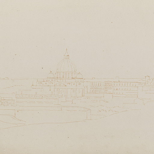 Drawing of a view of St Peter's Basilica and the Vatican City. The drawing is comprised of spare and precise lines. Made by Joseph Wright of Derby (1734-1797), c.1774-75. Pen and ink over pencil on paper. Displayed in a cream window mount.