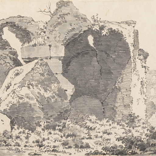 Drawing of architectural ruins, identified by an insciption on the verso as part of the Colosseum in Rome. Inscribed on the recto, to top right (handwritten in ink): '117' and to the right of this (handwritten in pencil): '15'. Inscribed on the verso, to top right (handwritten in pencil): 'Coll-Rome'. Made by Joseph Wright of Derby (1734-1797), c.1774-1775. Ink wash over pencil on paper. Displayed in a cream window mount.