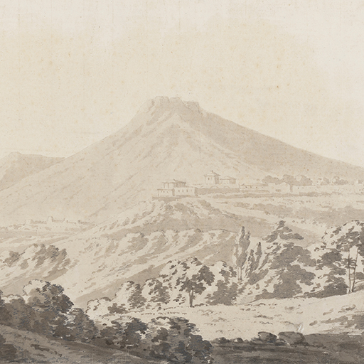 Drawing of a landscape, identified as a distant view of Mount Vesuvius. A small town, perched upon a hill, is visible in the middle distance. In the foreground trees and vegetaton in deep shadow can be seen. Made by Joseph Wright of Derby (1734-1797), c. 1774. Ink wash over pencil on paper. Displayed in a cream window mount.