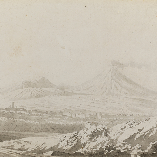 Drawing of a landscape showing a view towards Mount Vesuvius and the surrounding caldera, and a nearby town. Drawn by Joseph Wright of Derby (1734 - 1797), c. 1774 - 1775. Pen and ink and ink washes over pencil on white laid paper. Displayed in a cream window mount.