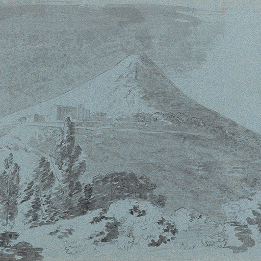 Drawing of Mount Vesuvius and surrounding landscape. The foreground is filled with trees and shrubs. The ground rises beyond this to a small settlement, behind which is the volcano's smoking cone. Inscribed on the verso, to top left (handwritten in ink): 'Twenty four'; to top right (handwritten in ink): 'No. 23'; to centre (handwritten in ink): 'Joseph Wright'; to centre, beneath signature (handwritten in pencil): 'His own writing'. There is a fold line running vertically through the centre of the sheet. Made by Joseph Wright of Derby (1734 - 1797), c. 1774-1775. Ink wash over pencil and conte crayon on blue paper. Displayed in a cream window mount.