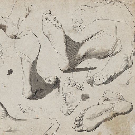 Drawing of legs and feet, after an unidentified Antique sculpture, and a infant's head seen in profile. On the verso of the sheet is a selection of drawings of a crawling infant. Made by Joseph Wright of Derby (1734-1797), c.1774-1775. Pen and ink and ink wash over pencil on paper. Displayed in a cream window mount.