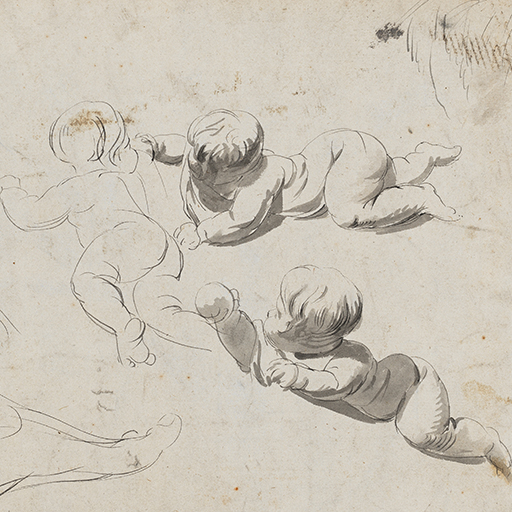 Studies of a crawling infant and a foot. Two of the infants, seen on the right of the sheet, hold a ball or piece of fruit, and ink wash has been applied for shading. The recto of this sheet contains further studies of feet, after the Antique, as well as a baby's head. Made by Joseph Wright of Derby (1734-1797), c.1774-1775. Pen and ink and ink wash on paper. Displayed in a cream window mount.