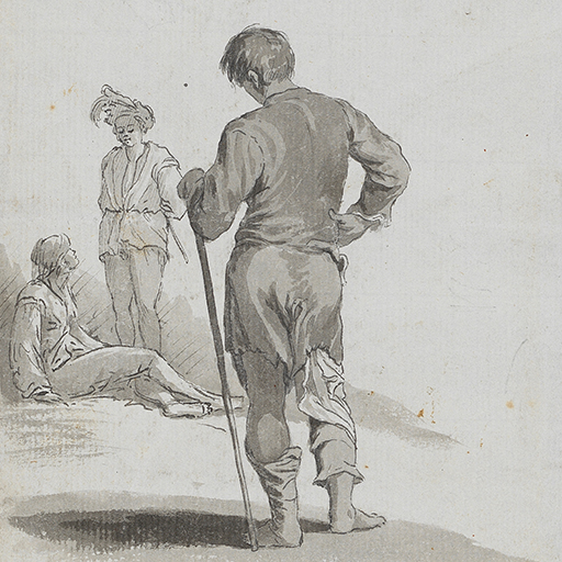 A study of three men, from a print after a painting by Abraham Bloemaert . The comprises a standing figure, leaning on a staff, seen from behind. Beyond is another standing figure wearing a hat decorated with a large feather, and to the left of this figure, a man seated on the ground. Made by Joseph Wright of Derby (1734-1797), after Abraham Bloemaert (1564-1651), after 1786. Pen and ink and ink wash on paper. Displayed in a cream window mount.