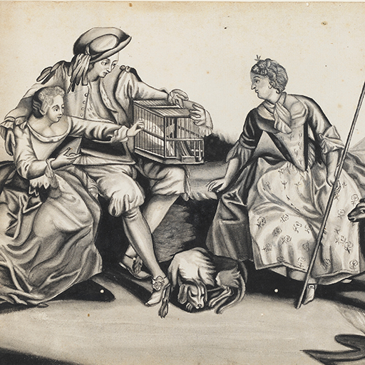 Drawing of a group of male and female figures, including a shepherdess with her flock and a dog, and a couple with a bird cage. Made by Joseph Wright of Derby (1734-1797), c. 1750. Graphite, pen and ink, and ink wash on paper. Displayed in a cream window mount.