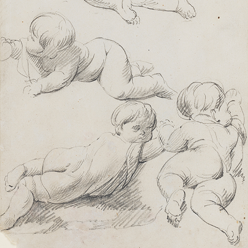 Studies of a crawling infant holding a ball or piece of fruit. The sheet contains five studies. Made by Joseph Wright of Derby (1734-1797), c.1774-1775. Pencil on cream laid paper. Displayed in a cream window mount.