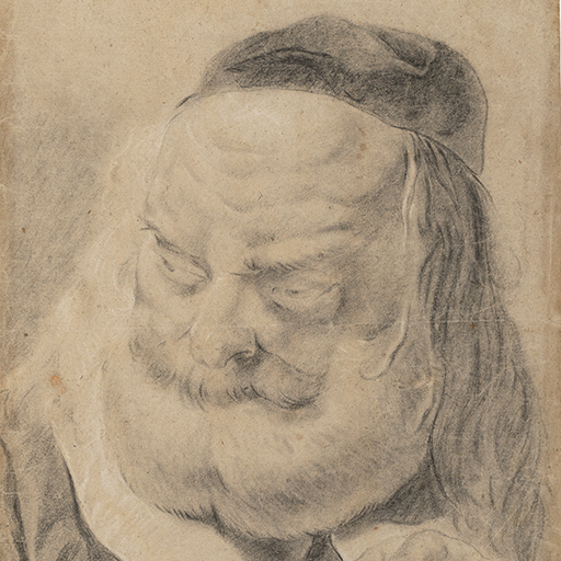 Drawing of an elderly man with a large beard and long hair, holding an object. He is wearing a low cap and white collar. Inscribed along lower edge (handwritten in ink): 'Joseph Wright fecit', 'Old John Rotherham's Hand', 'June 29th, 1751. No.2'. Made by Joseph Wright of Derby (1734-1797), 1751. Black and white chalk on brown laid paper. Displayed in a cream window mount.