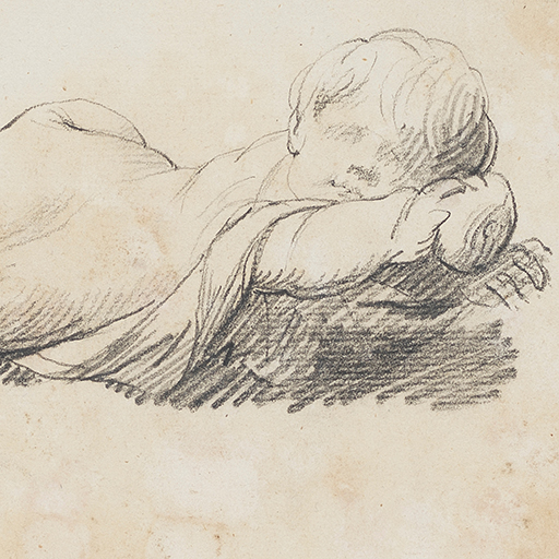 Drawing of a reclining infant holding a ball or piece of fruit. Made by Joseph Wright of Derby (1734-1797), c.1774-1775. Pencil on paper. Displayed in a cream window mount.