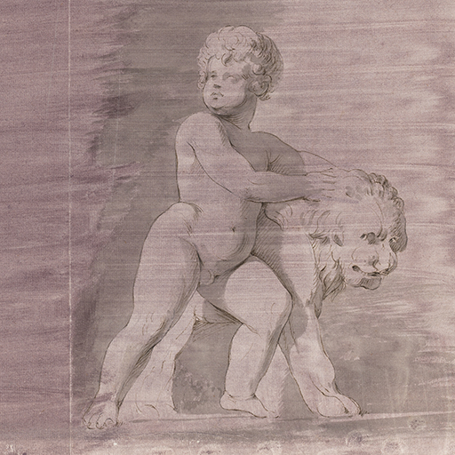 Drawing of a girl with a dove and a putto on horesback, identified as a study of part of the relief on the Roman Sarcaphagus of Gerontia in the Capitoline Museums, Rome. Inscribed to upper left (handwritten in ink): 'Capl./June 9th - 74/90'. Made by Joseph Wright of Derby (1734-1797), 1774. Pen and ink and ink wash over pencil on paper. Displayed in a cream window mount.