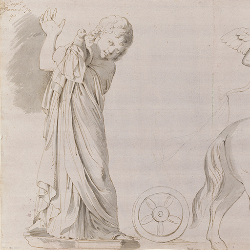 Drawing of a nude boy with a club and a nude boy with a lion, identified as studies of part of the relief on the ancient Roman 'Sarachophagus with the Indian Triumph of Bacchus', in the Capitoline Museums, Rome. Made by Joseph Wright of Derby (1734-1797), 1774. Pen and ink and ink wash over pencil on mauve-washed paper. Displayed in a cream window mount.