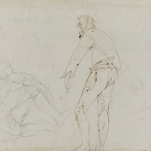 Drawing of a tree emerging from between rocks and, above it, a crouching male figure. Made by Joseph Wright of Derby (1734-1797), c. 1774. Pencil on green washed paper. Displayed in a cream window mount.