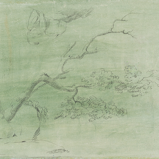 Drawing of four male figures. A central figure in pencil and partly outlined in pen, leans on a staff. To the left two further figures, seated, one with his head on his hand. Above them a fourth figure, lightly sketched. Inscribed to upper left (handwritten in ink): '128'. Made by Joseph Wright of Derby (1734-1797), c. 1774. Pencil and pen and ink on buff-coloured paper. Displayed in a cream window mount.