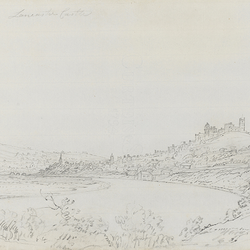 Drawing of a landscape, identified as a distant view of Lancaster Castle. Inscribed top centre (handwritten in pencil): 'Lancaster Castle'. Watermark visible in centre of the sheet: 'CURTEIS & SON/1794'. Made by Joseph Wright of Derby (1734-1797), 1794. Pencil on white laid paper. Unmounted.