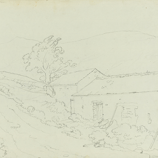 Drawing of a landscape showing a track lined with trees, farm buildings, cartwheels and an upturned cart, leading to distant mountains. Inscribed along the top edge of the sheet (handwritten in pencil): 'The Mountain emerging from', and in the centre of the drawing: 'Road'. Made by Joseph Wright (1734-1797), c.1794. Pencil on white laid paper. Unmounted.
