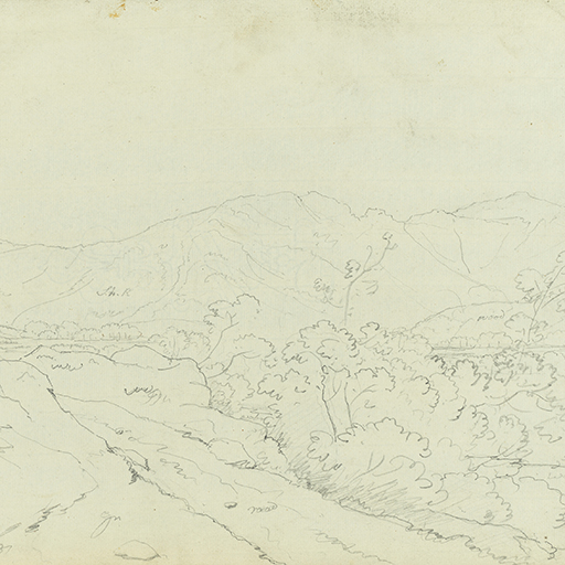 A study of a road running through a mountainous landscape. Inscribed with a variety of descriptive notes handwritten in pencil, such as 'wood', 'water', and 'road'. Made by Joseph Wright (1734-1797), c.1794. Pencil on white laid paper. Unmounted.