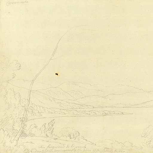 Drawing of a landscape identified as Coniston Water in the Lake District. Inscribed to top left (handwritten in pencil): 'Coniston Lake', and to lower left: 'This foreground to be much/higher, consequently the line of the Lake to be so -'. Drawn by Joseph Wright (1734 - 1797), c.1794. Pencil on cream laid paper. Displayed in a cream window mount.