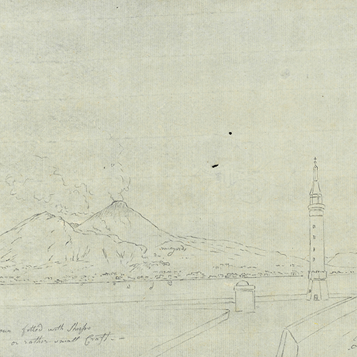 A drawing of a landscape identified as a view of the Mole Lighthouse in Naples, with Vesuvius in the background. Inscribed to lower left (handwritten in pencil): 'The harbour fitted with Ships/or rather small Craft', and on the drawing: 'vineyards' at the foot of the volcano. Watermark of fleur-de-lys visible in centre of the sheet. Made by Joseph Wright (1734-1797), c.1774. Pencil on laid paper. Unmounted.