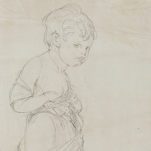 Drawing of a child, facing right, identified as a study for a portrait of the artist's daughter, Anna Romana Wright. Inscribed on the recto, along the bottom edge (handwritten in pencil): 'Wright's daughter Anna Romana Wright Born at Rome', and beneath the sheet, on the mount (handwritten in pencil): 'afterwards Mrs Cade'. Made by Joseph Wright of Derby (1734 - 1797), c.1776 - 1777. Pencil and conte crayon on paper. Displayed in a cream window mount.