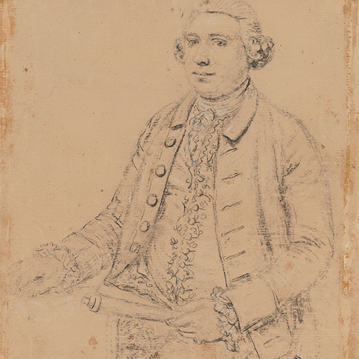 Drawing of a man, to waist, facing left. His hair is dressed with side curls and he wears a coat with a collar and an embroidered waistcoat. He holds a baton in his left hand. Inscribed on the verso (handwritten in ink): 'Mr Cade/1775', and below, in a different hand: 'Written in Joseph Wright's/handwriting/supposed [illegible] the Rev John Cade/of Spondon/L.L.S.' Also handwritten in pencil 'Lot 20'. Made by an unknown artist, possibly after Joseph Wright of Derby (1734-1797), c.1775. Pencil, white heightening and charcoal(?) on pink paper. Unmounted.