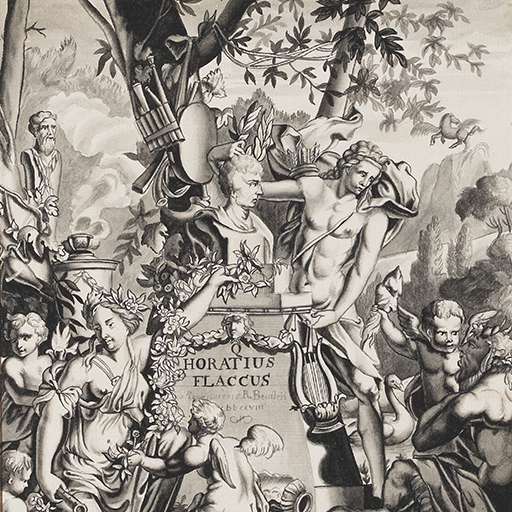 Drawing of group of male and female figures around a pedestal surmounted by a male portrait bust. Identified as a study after the title page illustration in Richard Bentley's 'Horace' ('Q. Horatius Flaccus ex Recensione R Bentleii'), after Jan Goeree and Balthasar Bernaerts. The scene shows a bust of the Roman poet Horace (Quintus Horatius Flaccus) atop a pedestal carved with his name, being decorated with flower garlands and crowned with a laurel wreath. To the right Pegasus flies in the distance. Inscribed on pedestal: 'Q/HORATIUS/FLACCUS/ex Regensione R Bentleii/cbbccviii', and on a scroll of paper in the foreground: 'J. Wright/fecit'. Made by Joseph Wright of Derby (1734-1797), after Balthasar Bernaerts (1710-1737) and Jan Goeree (1670 - 1731), c.1750. Pen and ink and ink wash over pencil on white paper. Displayed in a cream window mount.