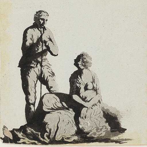 Drawing of a group of figures, comprising a standing male figure leaning on a staff, a seated female figure, and an infant. Inscribed on the verso (handwritten in pencil): '27'. Made by Joseph Wright of Derby (1734-1797), c. 1750. Pen and ink and ink wash over pencil on cream laid paper. Displayed in a cream window mount.