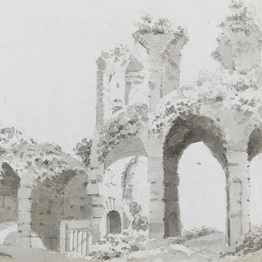 Drawing of architectural ruins, partly covered by foliage. The verso of the paper is prepared with blue wash (some of this blue wash mainly top right and along top edge). Inscribed top right (handwritten in ink): ‘148’. Made by Joseph Wright of Derby (1734-1797), c. 1774-1775. Ink wash over pencil on paper. Displayed in a cream window mount.
