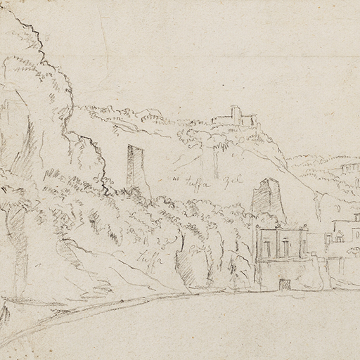 Drawing of a settlement by a coast, identified as Posillipo in Naples, Italy. Inscribed top centre (handwritten in pencil): 'Posilipo' with colour notes in various places throughout the drawing: 'Grey, yel, wt' and 'tuffa'. Made by Joseph Wright of Derby (1734-1797), c. 1774. Ink and wash on paper. Displayed in a cream window mount.