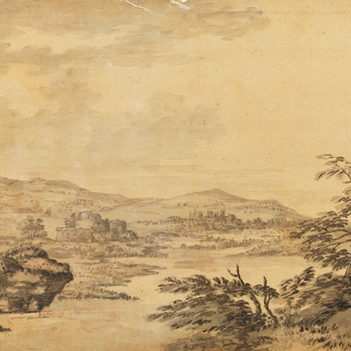 Drawing of a landscape with a lake or river, hills to the left, and a rock and trees to the right. Identified as an invented landscape based on an earlier, rough sketch. Made by Joseph Wright of Derby (1734 - 1797), c.1770. Black ink and sepia ink washes on laid paper. Displayed in a cream window mount.
