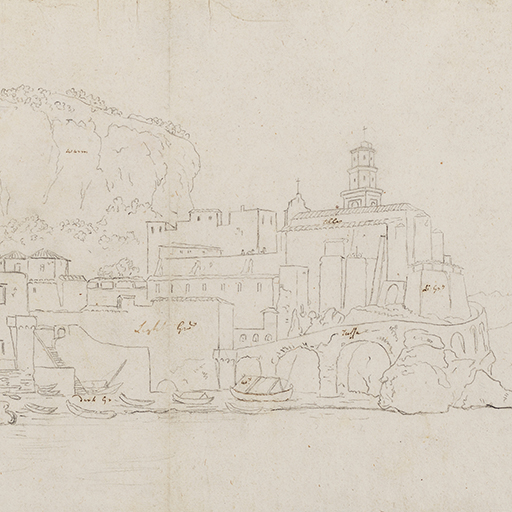 Drawing of a landscape, identified as Otrano in the Bay of Salerno, Italy. The bay is scattered with buildings and boats are moored around the harbour and grottoes. Inscribed upper right (handwritten in pencil): 'Otrano in the Bay of Salerno' and throughout the drawing (handwritten in ink): 'Dark Gry Yel Light Gry' and 'Warm', as well as 'tiles' and 'tuffa'. Made by Joseph Wright of Derby (1734-1797), c. 1774 - 1775. Pencil and pen an ink on paper. Displayed in a cream window mount.