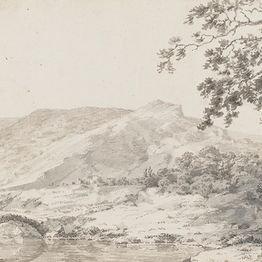 Drawing of a landscape, identified as a view in or near Nice. In the foreground, a river runs beneath a simple arched bridge. To the right is a tree, against which a figure leans, with his back to us, looking at the hilly terrain beyond. Inscribed along top left edge of sheet (handwritten in ink): 'Nice 19th Decr. 1773 J.W.' and to top right corner: '133'. Made by Joseph Wright of Derby (1734-1797), 1773. Grey ink wash on paper. Displayed in cream window mount.
