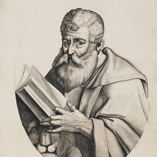 Drawing of a man, identified as St Mark, holding a book, and accompnaied by a lion. Set within an oval. Made by Joseph Wright of Derby (1734-1797), c. 1750. Pen and ink and ink wash over pencil on laid paper. Displayed in a cream window mount.