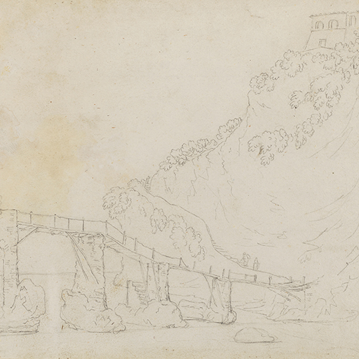 Drawing of a bridge over a river surrounded by hills and cliffs. Identified as the old bridge at Sorente (Sorrento, Italy). Inscribed top left (handwritten in ink): '(...) Sorente'. Made by Joseph Wright of Derby (1734-1797), c. 1774-1775. Pencil on laid paper. Displayed in a cream window mount.