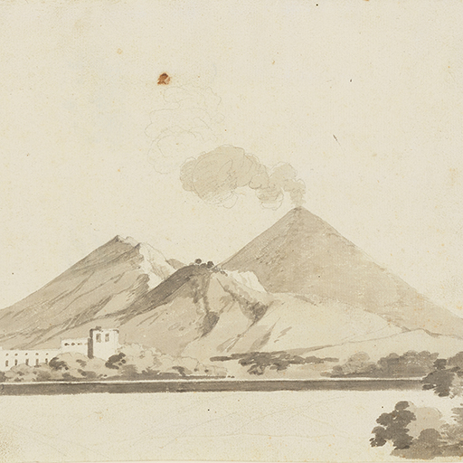 Drawing of a volcano, idenified as Vesuvius in Italy. Buildings in the foothills of the volcano and a slight cloud of smoke rising. Slight sketches of terrain and foliage in the foreground. Ruled pencil lines running vertically on the left. The verso contains faint foliage studies. Made by Joseph Wright of Derby (1734-1797), c. 1774-1775. Ink wash over pencil on laid paper. Displayed in a cream window mount.