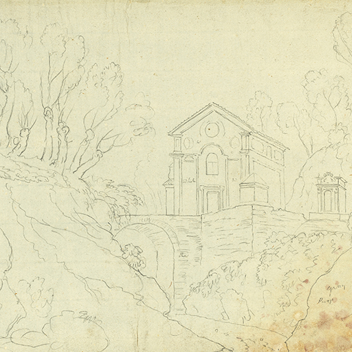 Drawing of a landscape featuring a river running through a gorge, with high tree-lined cliffs/banks to either side, possibly in Italy. To the right is a church and shrine, accessed by a bridge. Inscribed top right (handwritten in ink): 'JW Italy'. Also, colour notes handwritten in pencil on the drawing: 'Gray'[sic]; 'Purp'; 'White'; 'W'; 'Red'. Made by Joseph Wright of Derby (1734-1797), c. 1774-1775. Pencil and on cream laid paper.