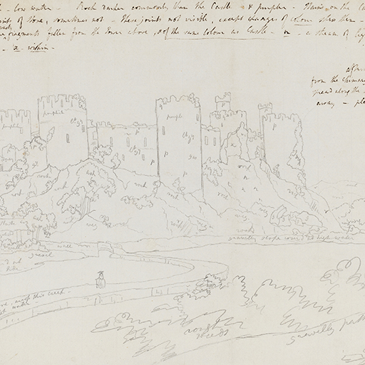 Drawing of a castle withn a landscape, identified as Conwy Castle, in Wales. Inscribed above drawing (handwritten in ink): 'Conway Caslte - low water - Rock darker commonly than the Castle and purpler. Stains on the Castle in large parts, sometimes following the joints of stone - These joints not visible, except changes of colour (?) them - the most distant wood flat in shadow, eg are vast fragments fallen from the tower above, and of the same colour as Caslte - a - a stream of light coloured (?), occassiond by the tower falling -x- within -...afterwards a light bluish smoke came from the chimney of the house under the trees & spread along the shore & bottom of the rock, fading away - pleasing effect.' And colour notes throughout the drawing. Made by Joseph Wright of Derby (1734-1797), c. 1790s. Pencil and pen and ink on paper.