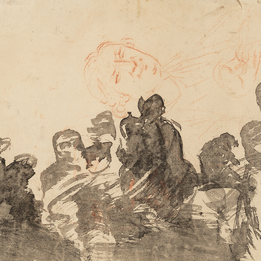 Drawing suggestive of figures, loosely sketched in ink wash, partly on top of a study of a man holding a mask in red chalk. Inscribed top left (handwritten in pencil): 'Jos Wright / Po[illegible]'. Also to lower right, in same hand: 'Idea for [illegible]?'. Verso contains a faint study of a woman reading in red chalk. Made by Joseph Wright (1734-1797), date unknown. Ink wash and red chalk on paper.