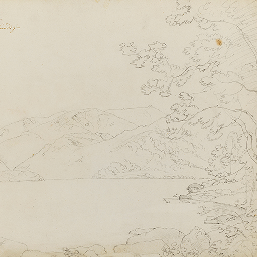 Drawing of a landscape with a lake, identified as Ullswater in the Lake District. Inscribed to recto, above drawing (handwritten in ink): 'Ullswater JW / Outline of the picture which Mr. Wright painted for / Mr. W Hardman Manchester'. Also inscribed throughout the drawing (handwritten in pencil) with descriptive notes (running clockwise, from lower left corner): 'moss'; 'Light'; 'Sh'; 'Sh'; 'Sh'; 'L'; 'Sh'; 'Sh'; 'Sh'. Made by Joseph Wright of Derby (1734 - 1797), c.1792, pencil on paper with a separate inscription handwritten in ink by an unknown individual, possibly John Holland of Ford. The drawing is pasted onto a sheet of paper.