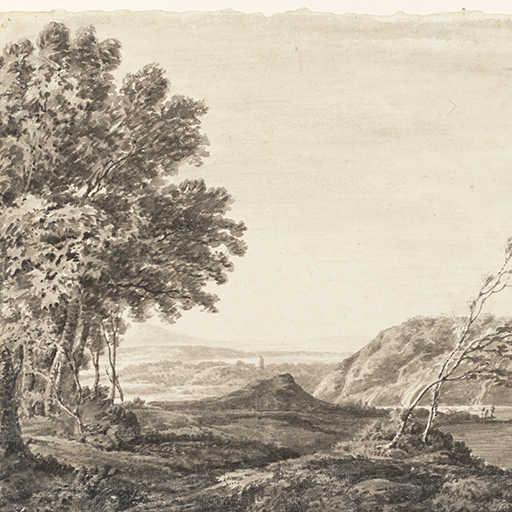 Drawing of a landscape, featuring a river and hills. To the left is a clump of mature trees; to right of centre a young tree leans to the right. A tall building or monument can be glmpsed in the distance. Inscribed to recto, top left corner (handwritten in ink): '226'. Made by Joseph Wright of Derby (1734 - 1797), c.1774-5, pencil and ink wash on paper.