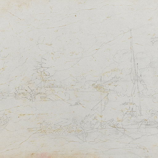 Drawing of a sea battle, near a harbour, identified as a scene from the 'Grand Assault' on Gibraltar, September 1782. In the foreground, a flotilla of British rowing and gunboats fires towards a line of Spanish 'battering ships', identified by the hipped roof structure seen upon the deck. To the left is a 'Xebec'; a small warship peculiar to the Mediterranean able to operate under sail or oars. Inscribed to recto, top right (handwritten in pencil): 'Continued on as[?] in your Sketch'. Made by Joseph Wright of Derby (1734 - 1797), c.1783-5, pencil on white laid paper.