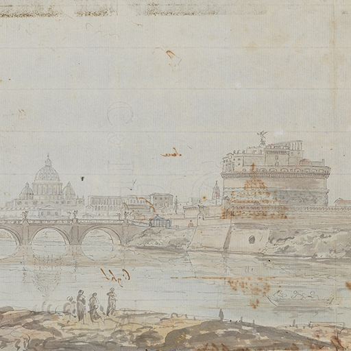 Letter written by Joseph Wright to an unknown recipient, with a study of a view of Castel Sant'Angelo and Saint Peter's in Rome. The letter is contained within a column on the right side of the sheet and reads: 'The collourd drawing I will do for you must be upon a larger scale and sent by a friend as I don't wish do them as letters but I presume the inclos'd sent as sketches of observation or possibly to remove any doubt in regard to particular objects as I take them as faithfully as I can and shall do the others. Also in the mean time I beg you will make no scruple in mentioning any particular objects that you wish as I have justly every reason to have the greatest esteem for you and having experienc'd your sincerity and friendship, I beg you will mention no more about the prices, have you heard any more about the Bishop he told me he was to take Derby in his way to Ireland and talk to you about this picture I should be glad to know; when I go to Naples, as I must go some time hence to make a view of the Lake of Avernus as a companion for the lake of Albano for the Duke of Chabaud I will send you some drawings [-torn] you would wish'. The letter continues on the verso and includes an annotated study of the Castel Sant'Angelo and Saint Peter's during the Girandola in pencil, and pen and ink. Made by Joseph Wright of Derby (1734 - 1797), 1774. Pencil, pen and ink wash on laid paper. Displayed in a cream window mount.