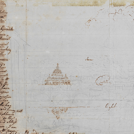Letter written by Joseph Wright to an unknown recipient, with a study of a view of Castel Sant'Angelo and Saint Peter's in Rome during the annual firework display known as the 'Girandola'. The letter (continued from the recto) is contained within a column on the left side of the sheet and reads: 'The dots signifies the torches on the Church; before the Girandola began the reflection of the Dome was seen on the watter over the bridge being in shad'y but in the time of the Girandola it was scarce seen the water being so illumin'd if you choose to represent the Girandola at the finishing you may represent the Pesce which is thrown out at the same time, you cannot imagine how vex'd I am at my disappointment in regard to the prints you was so kind as send to Mr Cooper for me: Mr Petty the Gentleman who was to have brought them cald[sic] at Mr Coopers as I gave him this Direction but he writes that he has been at Mr Coopers who has chang'd his Lodgings and having not left notice with the neighbours where he has gone to so that he cannot find him and obligd[sic] to sett[sic] out without them. I am much surprisd[sic] at Mr Cooper as a man of bu[illegible, but may read 'business'] not to have left word where he was gone to lodge'. Inscribed on the drawing (handwritten in ink): 'Blackish and Transparent', 'Blueish smoke of the cannon', 'The local colour as much lost', and 'light'. Made by Joseph Wright of Derby (1734 - 1797), 1774. Pencil, pen and ink on laid paper. Displayed in a cream window mount.