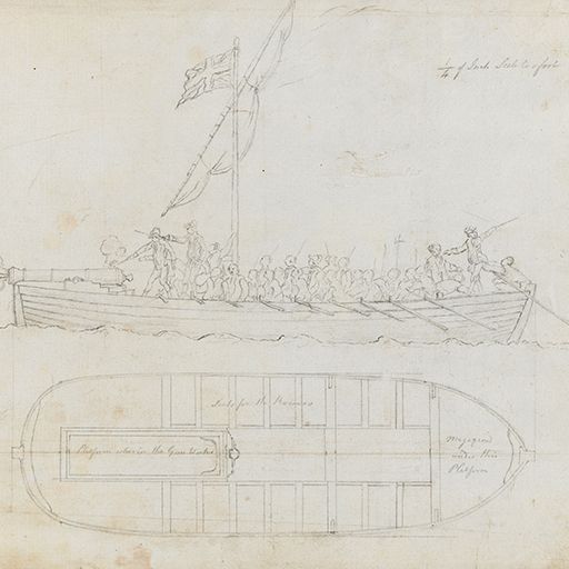 Drawing of architectural ruins, identified as a study of part of the Colosseum in Rome. To the right is a large boulder. Sunlight illuminates the building. Made by Joseph Wright of Derby (1734-1797), c.1774 - 1775. Pen and ink and ink wash over pencil on paper. Displayed in a cream window mount.